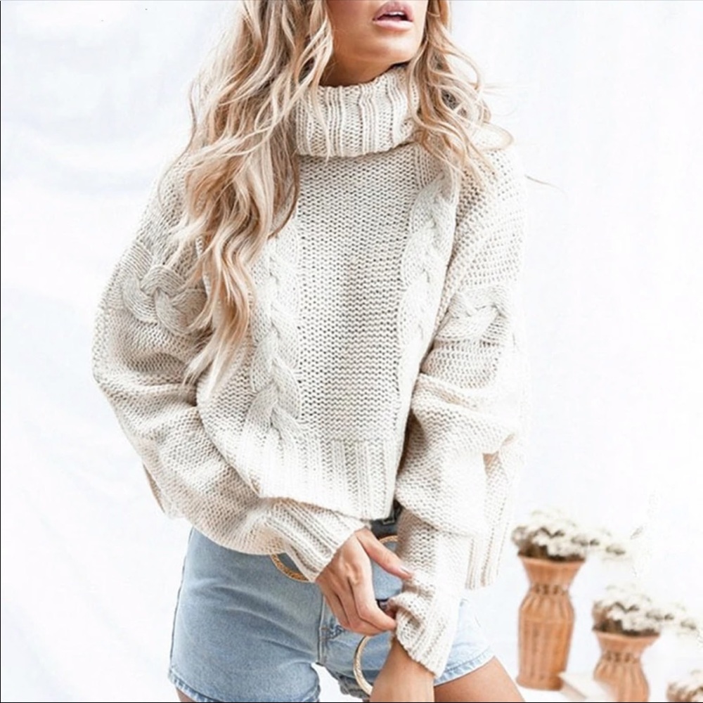 🧨Bomb Sale Ends Sunday 🧨 Alpine Cream Cropped Cable knit Turtleneck Sweater - Picture 2 of 3